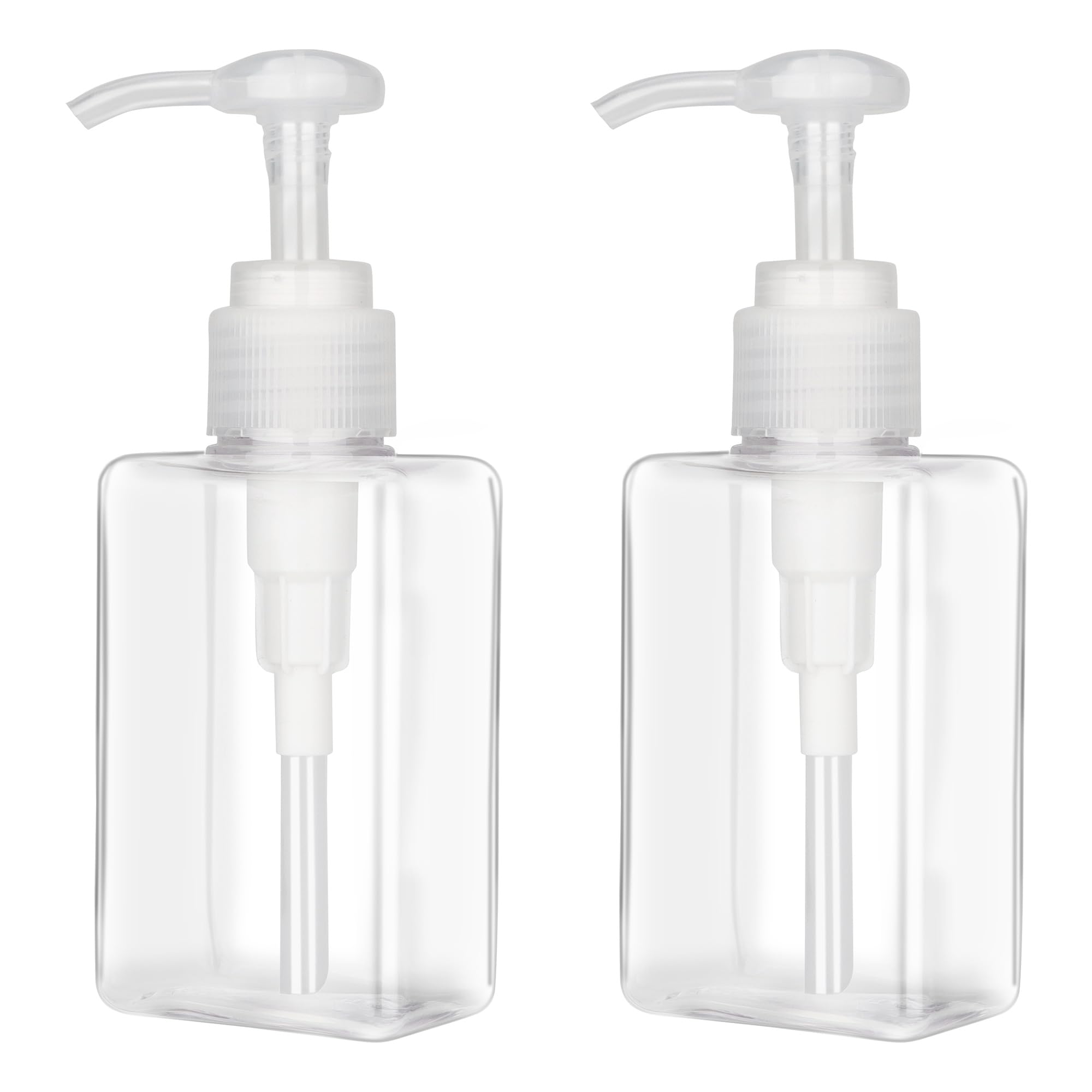 Photo 1 of 150ml (5.1oz) Pump Bottle Dispenser Jansburg 2 Pack Refillable Flat Square Plastic Lotion Dispenser Leakproof Empty Lotion Pump Bottle for Essential Oil Soap Lotion Shampoo Clear