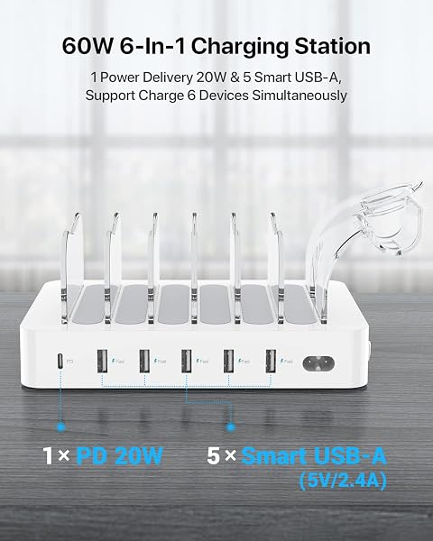SOOPII 60W 6-PORT CHARGING STATION FOR MULTIPLE DEVICES, PD 20W USB C FAST CHARGING FOR LPHONE 14/13/12,6 SHORT CABLES INCLUDED, 2 IN 1 HOLDER,FOR PHONES,TABLETS AND OTHERS,WHITE