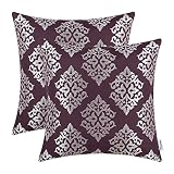CaliTime Pack of 2 Soft Jacquard Throw Pillow Covers Cases for Couch Sofa Home Decoration Vintage Diamond Shape Damask Floral 18 X 18 Inches Aubergine