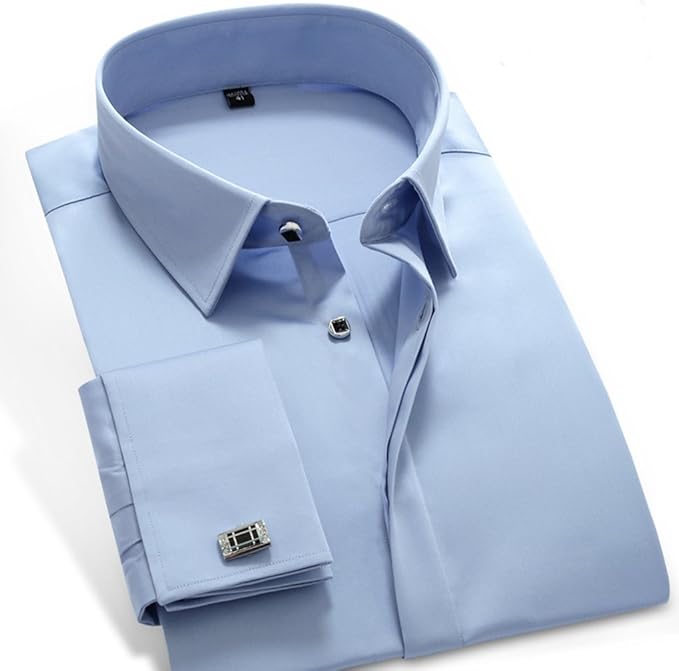 QB Camisa de Manga Larga para Hombre, Ajustada, con Gemelos, Azul