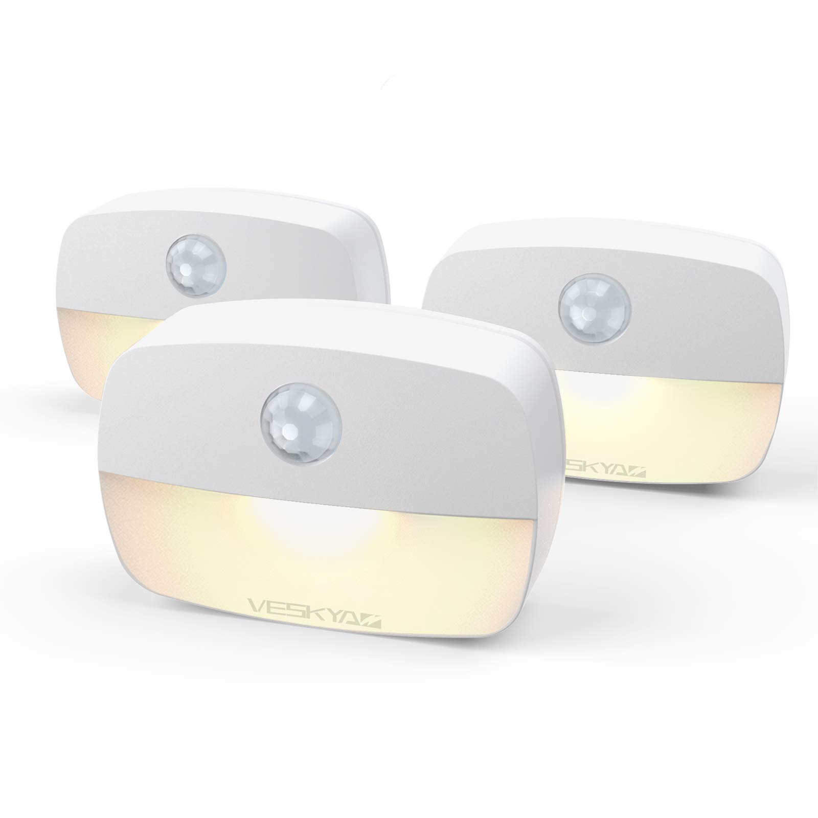 VESKYAO 3 Packs Motion Sensor Night Light, Motion Sensor Lights Indoor, Battery Operated LED Stairs Lights with Adhesive Pads, for Cupboard, Wardrobe, Shelf, Stairs, Toilet Light - Warm White