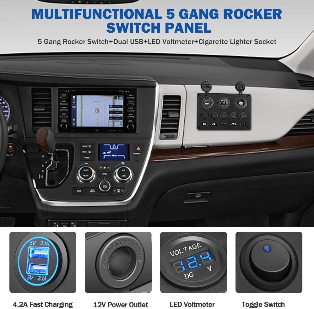 Electop 5 Gang Rocker Switch Panel, Toggle Switches/4.2A Dual USB Socket Charger/LED Voltmeter/12V Power Outlet Aluminum Panel Mount with 15A Fuses Pre-wired Waterproof for Car Boat Truck Marine RV: Automotive