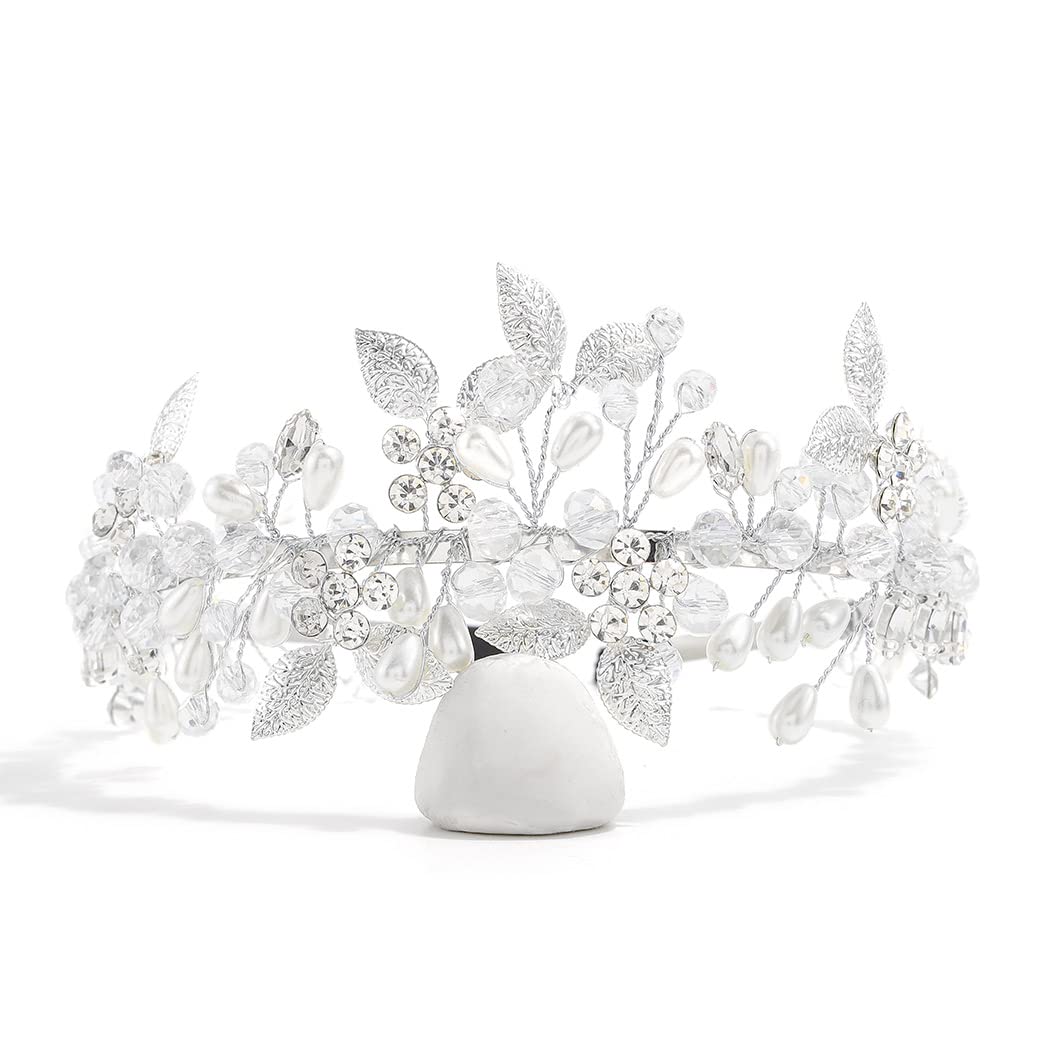 IYOU Pearl Wedding Headband Silver Hair Bands Flower Leaf Prom Bridal Hair Accessories for Brides and Bridesmaids