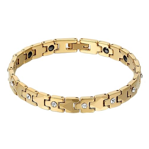 Damen Wolframcarbid Armband, Gold Biker Glieder Poliert Strass Magnetarmband Gesundheit Armbänder für Frauen