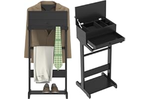 HRVEOCEI Wood Mens Valet Stand,Freestanding Suit Stand&Clothes Butler Valet Stand with Hanger,Tie&Belt Hooks,Shoe Rack,Storage Organizer for Keys,Watches,Wallet,Jewelry in Entrance,Bedroom (Styel 4, Black)