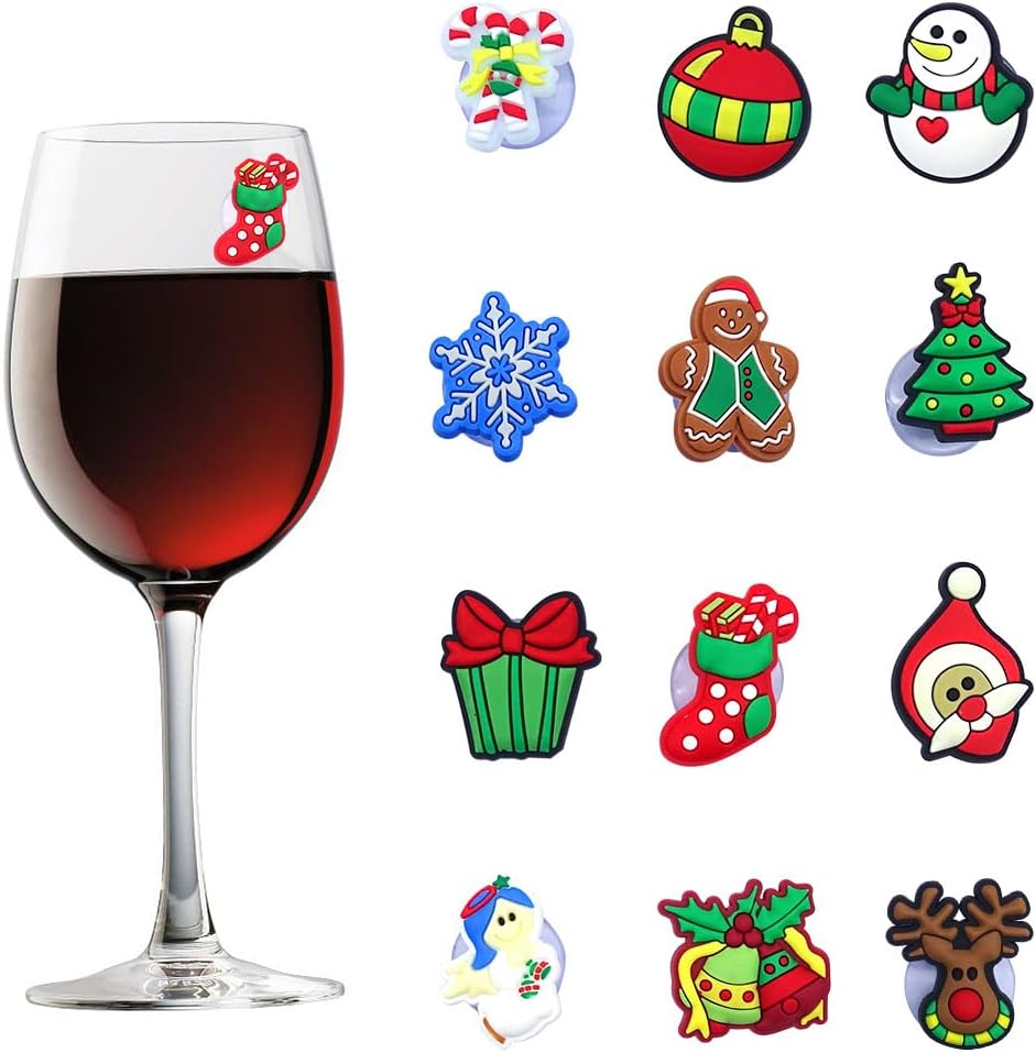 Tree Stands - Hying 12 PCS Christmas Wine Glass Charms Markers Christmas Santa Drink Markers Xmas Tree Wine Glass Markers Reindeer Snowflake Wine Charm Tags with Suction Cup Christmas Wine Decorations