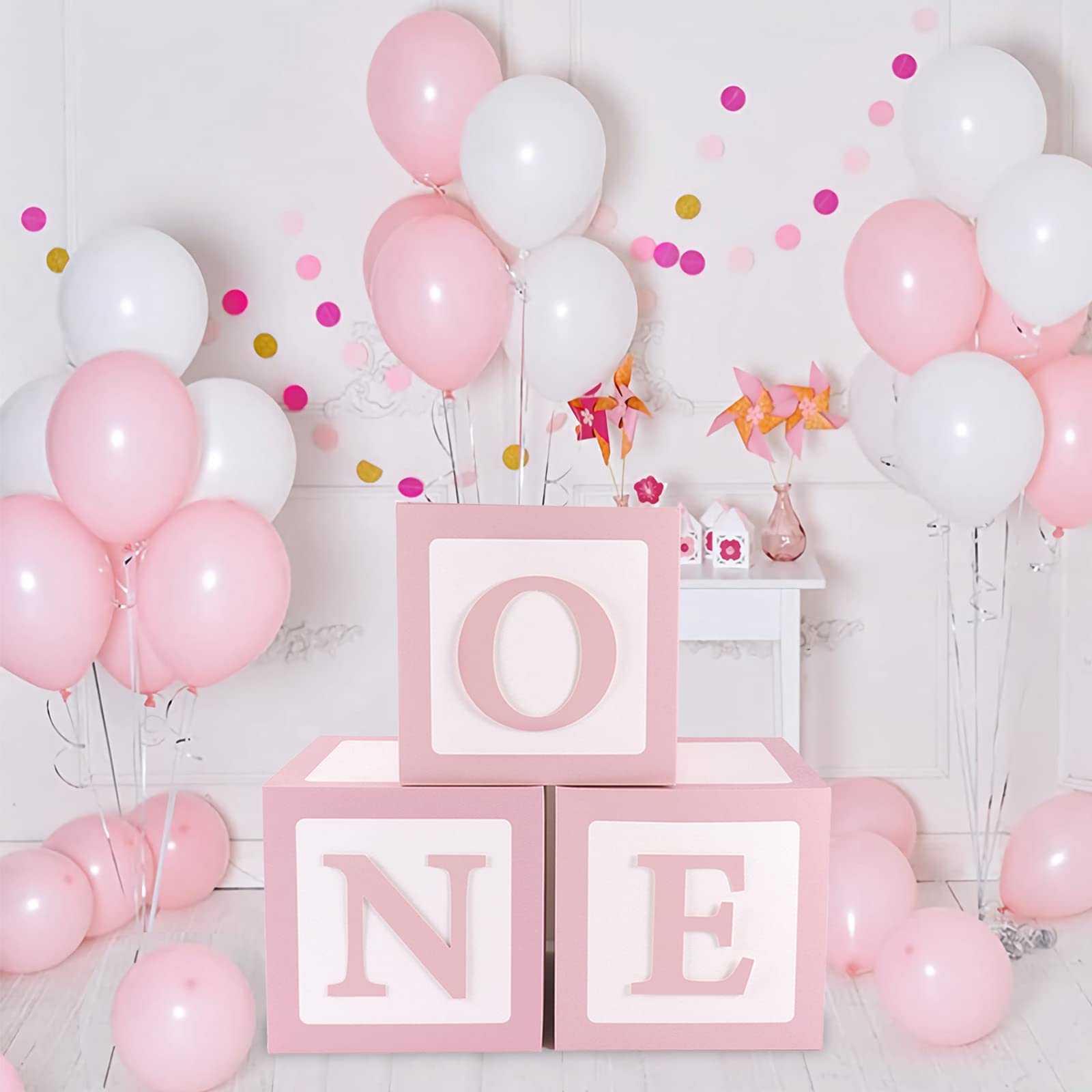 Frist 1st Birthday Decorations for Girls - 3pcs ONE Birthday Party Boxes, 1st Birthdays Pink Blocks Boxes Decorations with ONE Letter for Birthdays Decoration, 1 One Year Old Party Supplies