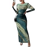 BEAUDRM Women's Fall Wedding Guest Dress Long Sleeve Cocktail Date Night Sexy Y2K Bodycon Ruched Mesh Formal Maxi Dresses