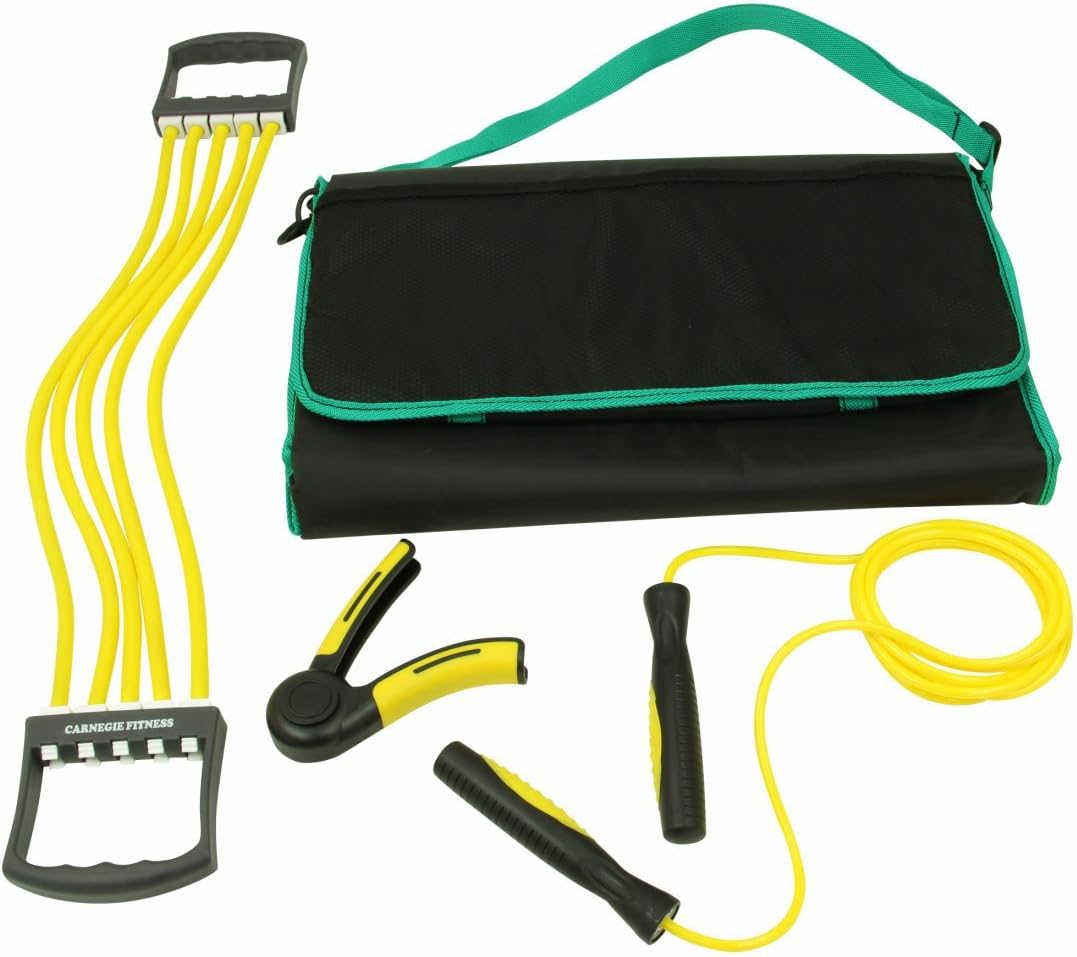 Carnegie Fitness training set with expander, hand gripper, skipping rope and floor mat