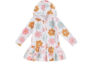 MOKOGGIRI Kids Hooded Terry Swim Cover Up for Girl Swimsuit Summer Zip Ruffle Dress Long Sleeve Floral Towel Coverup Swimwear