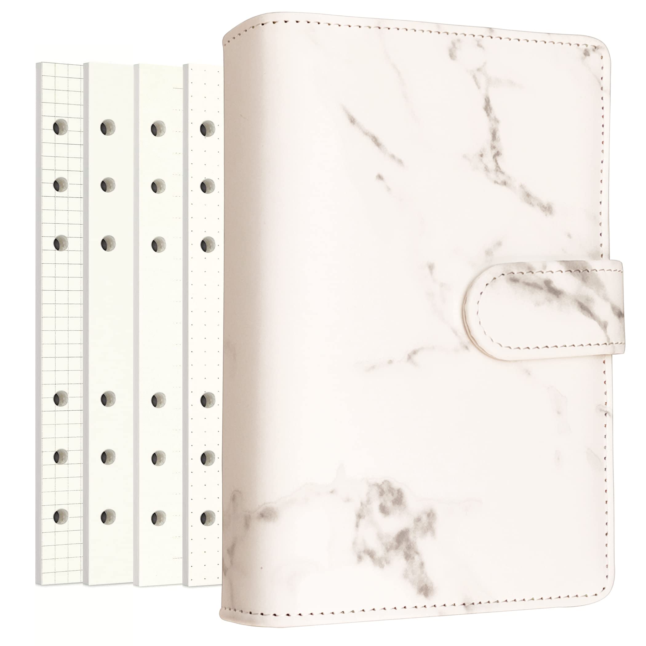 PU Leather Personal Notebook Planner with 80 Pages Loose-Leaf Papers 6 Holes Ring Binder Pen Holder Magnetic Buckle (White Marble,A6 Mini)