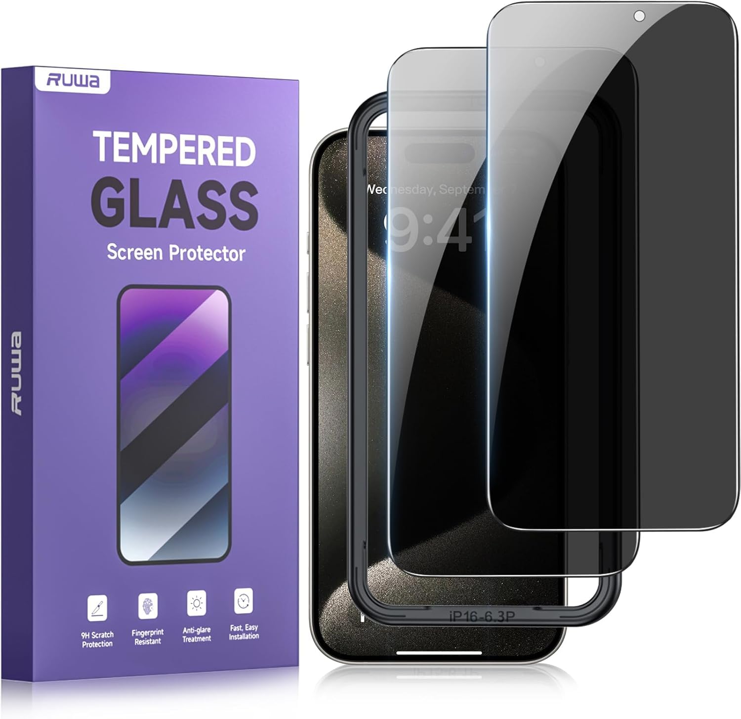 ruwa Privacy Screen Protector for iPhone 17 [2-Pack][6.3 Inch] Display Tempered Glass Film with Easy Installation Frame, Ultra HD, 9H Hardness, Scratch Resistant, Case Friendly