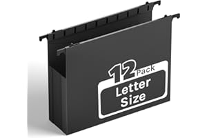Ansook Plastic Hanging File Folders Letter Size,Upgrade 2" Extra Capacity Expanding Hanging Folders with Tabs,12 Pack Reinforce File Cabinet Folders,Heavy Duty Black Hanging Organizer for Bulky Files