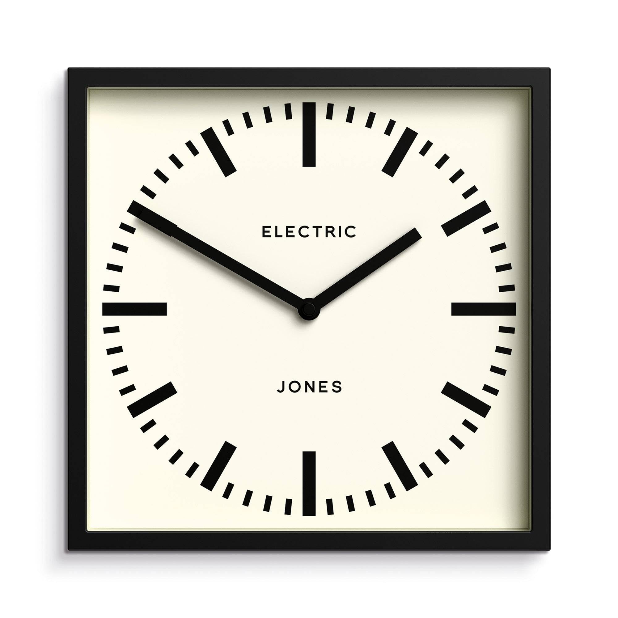 Jones Clocks® Box railway wall clock | Square station clock | 25cm | Black | Cool designer look for kitchen, living room or office