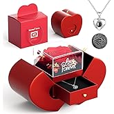 Preserved Red Real Rose with I love you Necklace 100 Languages, Forever Flowers Rose Birthday Gifts for Girlfriend, Mom, Grandma, Wife, Idea on Christmas, Valentine, Mother's Day, Anniversary (Red)