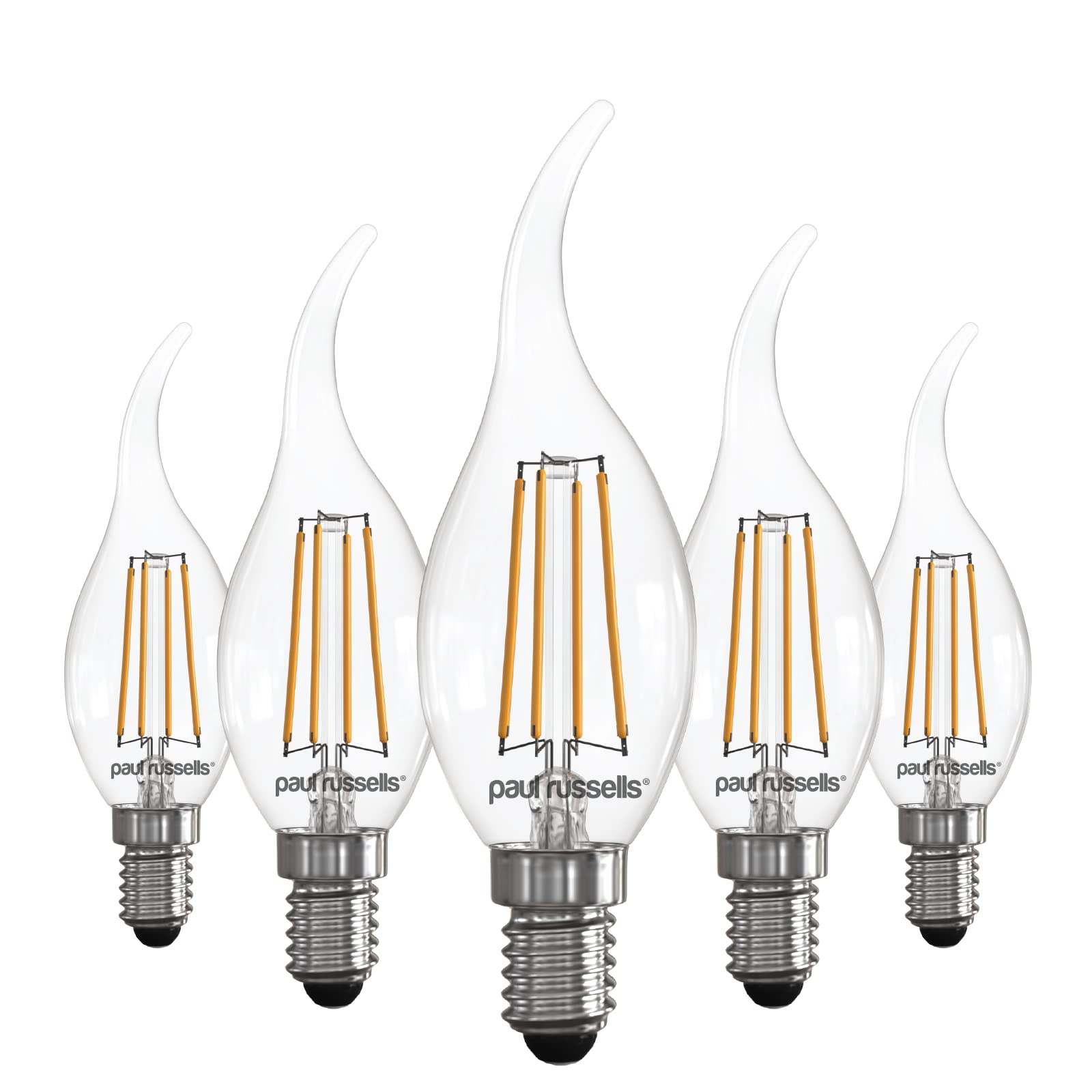 paul russells LED Flame Candle Filament Light – 4.5W 40W Equivalent Replacement, 470LM Lumens, 2700K Warm White, SES E14 Small Edison Screw C35T Bulbs – Energy Saving Non-Dimmable Lamps - 5 Pack