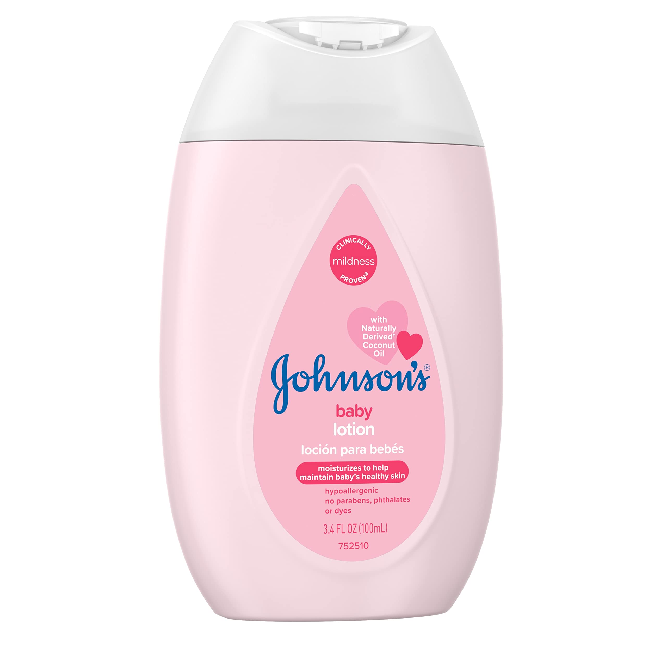 Johnson's Moisturizing Mild Pink Baby Lotion with Coconut Oil for Delicate Baby Skin, Dye-Free, Hypoallergenic & Dermatologist-Tested, Baby Skin Care, 3.4 fl. oz
