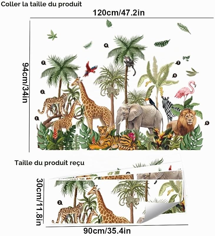 Stickers Muraux XXL Animaux de la Forêt Tropicale Autocollants Muraux Jungle Arbre Girafe Éléphant Lion Tigre Papier Peint Sticker Mural Décoration Murale Enfant Chambre Bebe