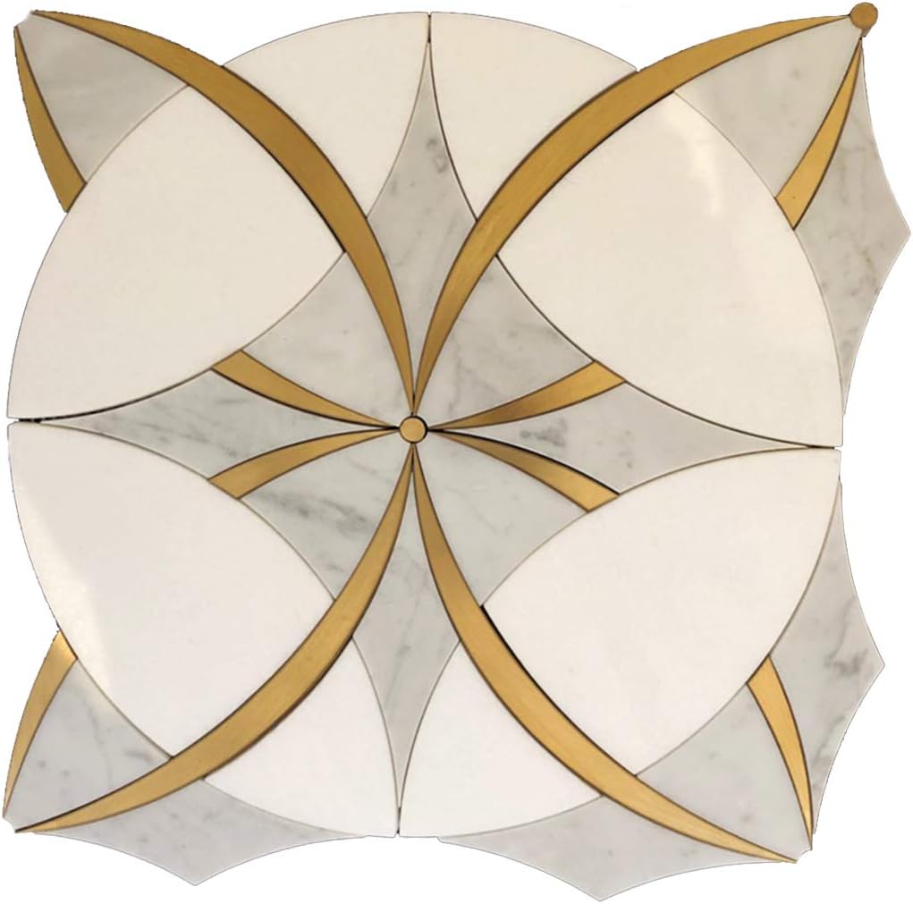 Water Jet Cut Marble + Brass Inlay Tile (5 Sheets, "Ring" Thassos