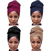 Stretch Jersey Turban Head Wrap Scarf African Headwraps for Women Head Wraps Long Hair Scarf Ultra Soft Breathable Solid Color Turban Tie Large Headband (Black Rose Red Brown Navy Blue)