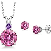 Gem Stone King 925 Sterling Silver Round Pink Moissanite and Purple Amethyst Pendant and Earrings Jewelry Set For Women (4.59 Cttw, Gemstone Birthstone, with 18 Inch Chain)