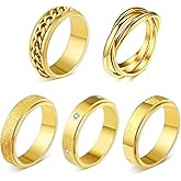 MOROYA 5PCS 18K Gold Plated Fidget Rings for Anxiety Stainless Steel Butterfly Chain CZ Inlaid Spinner Rings for Women Men Anti Anxiety Ring Band Set