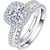 FLYYQMIAO Classic 1.5CT 925 Silver Bridal Rings Sets Inlaid Imitation Diamonds Cubic Zirconia Halo CZ Engagements Rings Wedding Bands Birthday Gift for Women and her