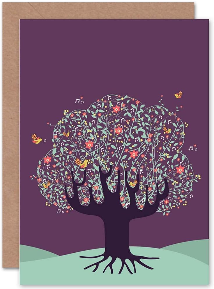Wee Blue Coo TREE BIRDS MUSIC NOTES PURPLE SKY BLANK GREETINGS BIRTHDAY CARD ART, 17.5 x 12.5 cm
