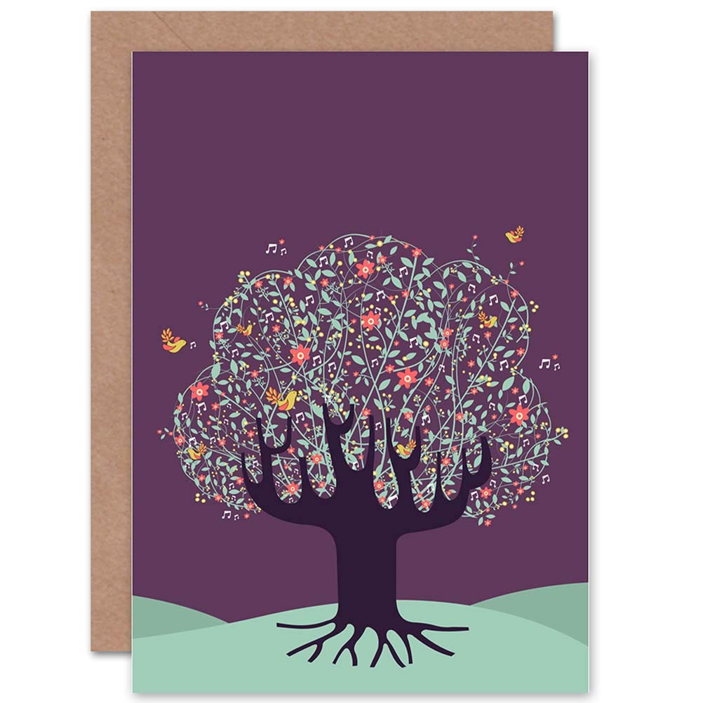 Wee Blue Coo TREE BIRDS MUSIC NOTES PURPLE SKY BLANK GREETINGS BIRTHDAY CARD ART