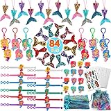 Qunan 84 Pcs Mermaid Party Favors Supplies Mermaid Tail Necklace Mermaid Bracelet Rings Hair Clip Sticker Gift Bag Mermaid Accessories Kit for Girls Mermaid Party Supplies