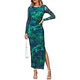 CFLONGE Long Sleeve Dress for Women Floral Print Ruched Wedding Guest Maxi Dresses Tight Fitted Cocktail Party Bodycon Dress