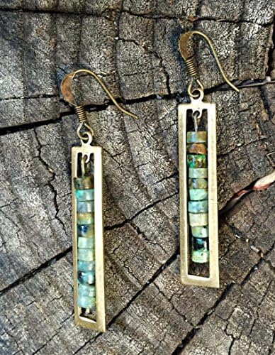African Turquoise Sleek and Stylish Brass Rectangle Earrings