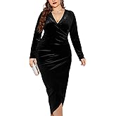 TINSTREE Womens Plus Size Long Sleeve Velvet Bodycon Dresses Sexy Ruched Wrap Deep V Neck Party Cocktail Dress