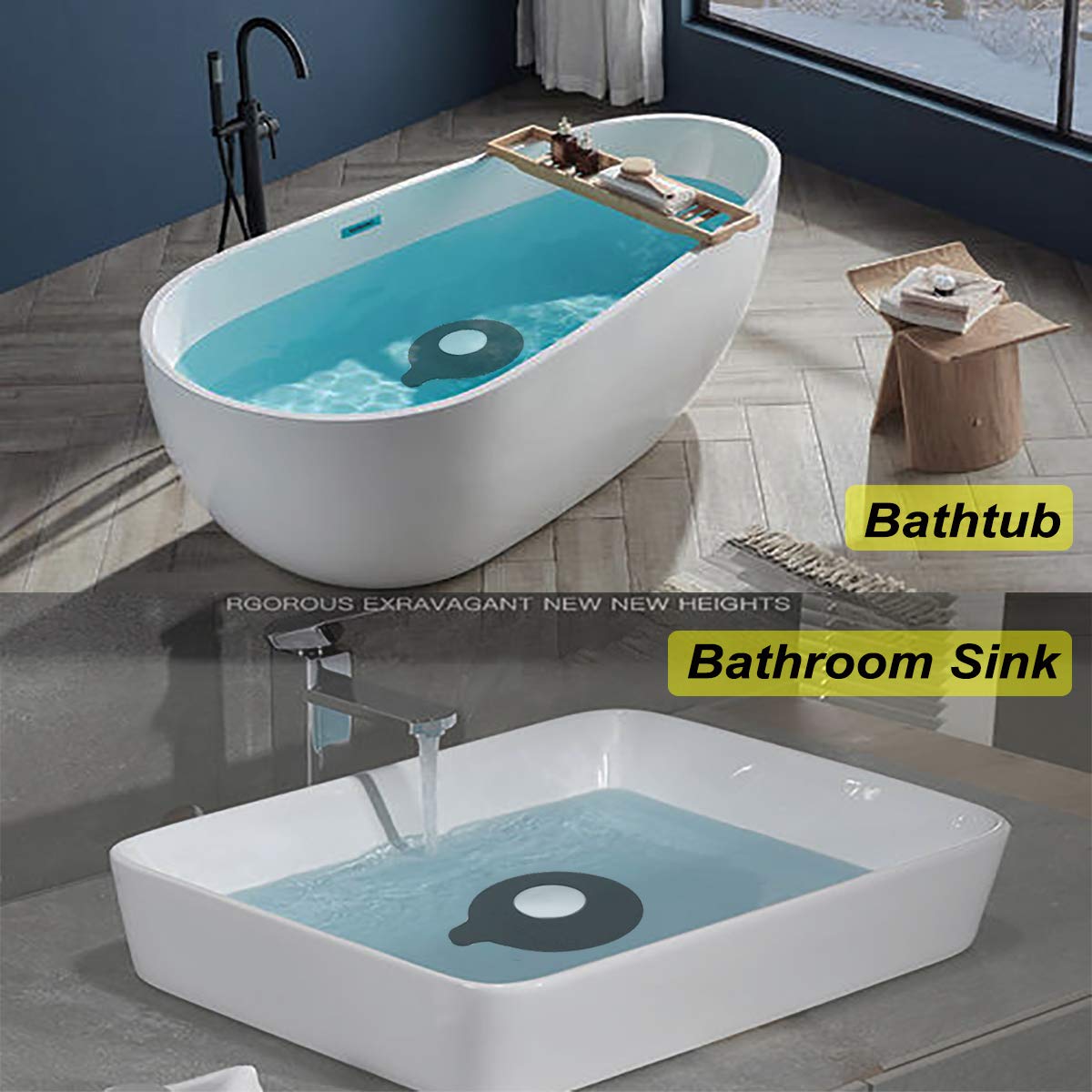 Seatery 2PCS Bathtub Stopper Hair Catcher Kit, Bathtub Drain Strainer, Tub Stopper Plug Cover, Sink Filter, Silicone Drain Stopper for Bathroom, Laundry (Black)