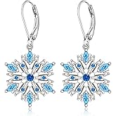 Snowflake Earrings for Women Sterling Silver Christmas Snow Flower Leverback Drop Dangle Earrings Blue Sapphire Jewelry Holiday Christmas Gifts
