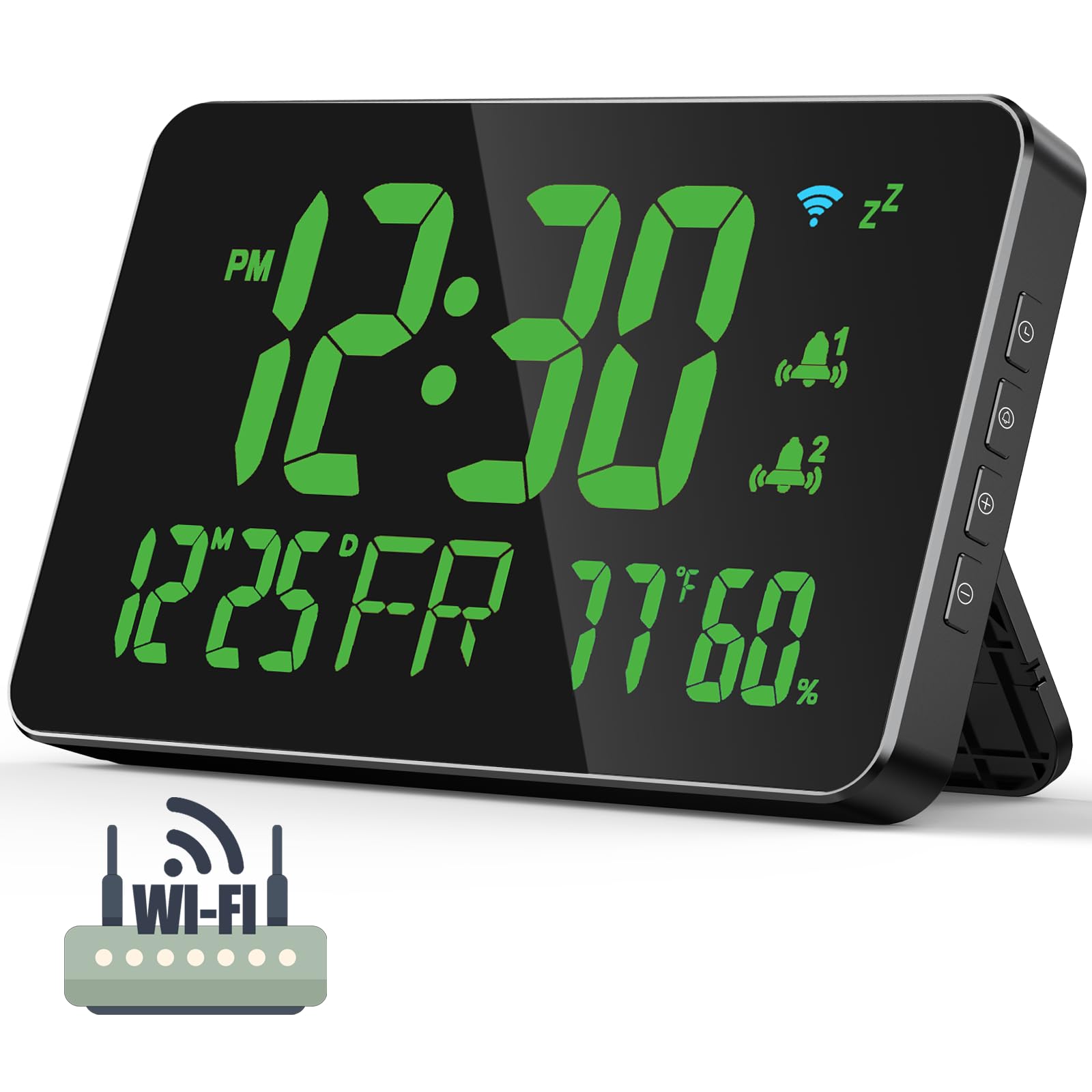 Photo 1 of WiFi Clock, Atomic Clock, Automatic Time Calibration, with Clock Area Temperature Humidity, Date, Day of Week, Adjustable Brightness, with Smart Life APP, Green