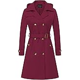 CREATMO US Women's Long Trench Coat Double-Breasted Classic Lapel Overcoat Belted Slim Outerwear Coat with Detachable Hood
