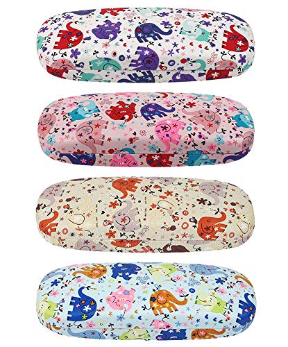 [4 PACK], JAVOedge Printed Elephant Pattern Durable Hard Clamshell Eyeglass Storage Case with Bonus Microfiber Cloth