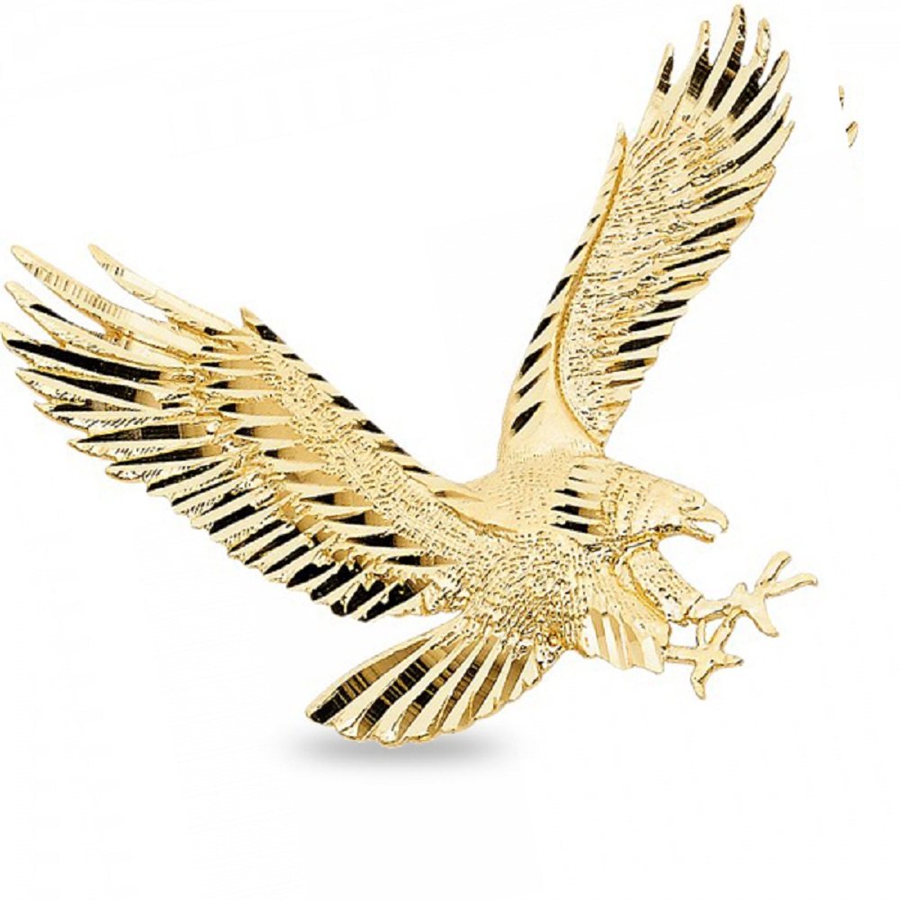 Gemapex Big Eagle Pendant Solid 14k Yellow Gold Bird Charm Diamond Cut Polished Design Large 35 X 45 Mm