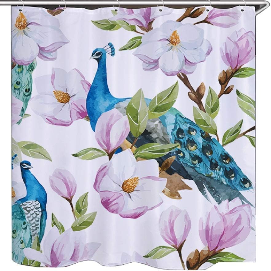 Izielad Pink Flowers Blue Peacock Fabric Shower Curtain Waterproof Bathroom Decor