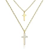 PeliZen 14K Gold Plated Double Layer Cross Necklace for Women with Zirconia - Gold Crucifix Pendant Chain, Religious Jewelry Necklace Trendy Gifts
