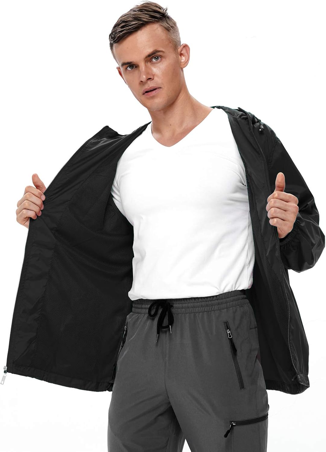 GEEK LIGHTING Men's Waterproof Hooded Rain Jacket, Lightweight Packable Raincoat for Outdoor, Camping, Travel: Clothing