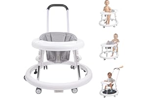 QIZHI-BEAR Baby Walker with Wheels, 3 in 1 Activity Center with Mute Wheels Anti-Rollover, 9-Gear Height Adjustable Foldable Baby Walker for Boys and Girls from 6-18 Months with Push Handle, Footrest