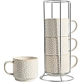 SumitlEyao 6 Oz Coffee Cups Set of 4, Stackable Coffee Mugs with Stand, Ceramic Cappuccino Cup, Embossed Espresso Cups for Latte, Tea, Cocoa, Mocha, Housewarming Present, Dishwasher Safe