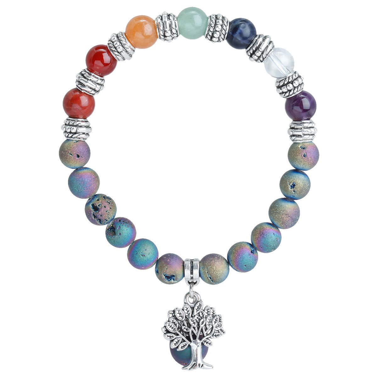 KYEYGWO 8mm Tree of Life Chakra Bracelet, Reiki Healing Balancing Lucky Charm Stretch Stone Beads Bracelet for Unisex