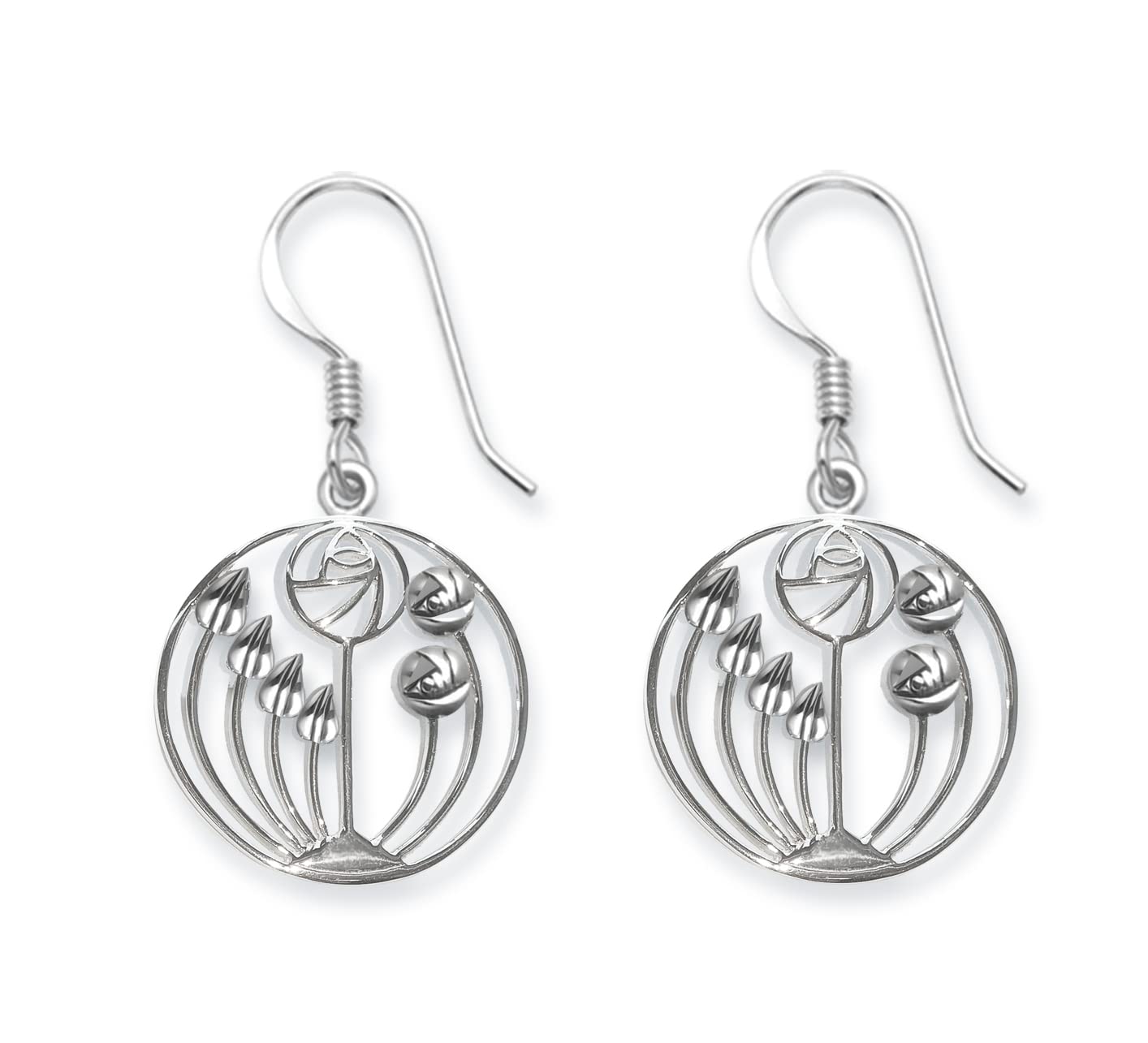 Sterling Silver Rennie Mackintosh Earrings with leaves & flowers - SIZE: 15mm (29mm including earring wires). Gift Boxed. 6109