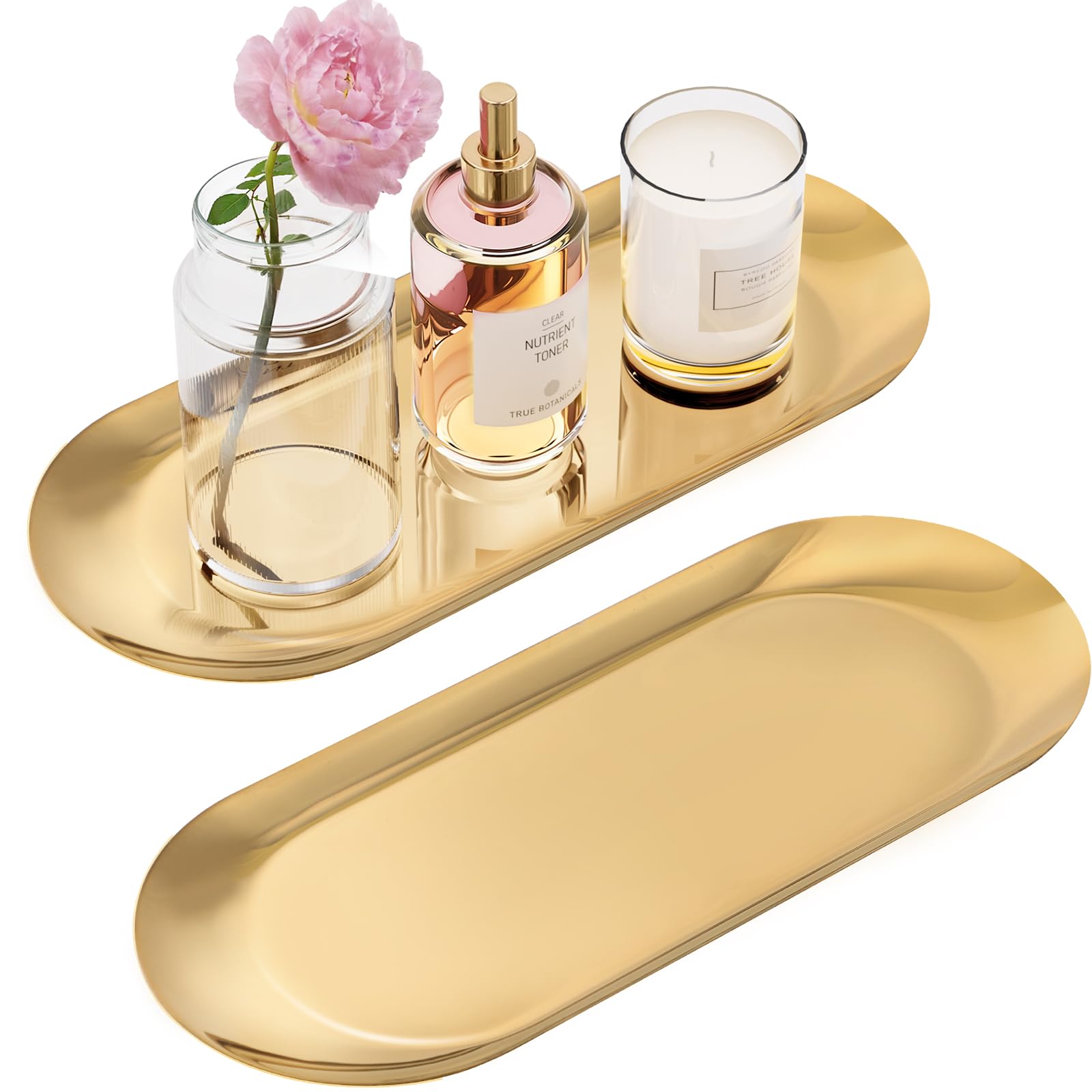 Photo 1 of Gold Decorative Tray, 2 PCS Bathroom Vanity Tray for Dresser Counter, Elegant Jewelry Dish Tray for Decor, Gold Platter Serving Tray Organizer for Perfume Trinket Key Candle, Stainless Steel, Oval