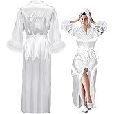 Cutecrop Bride Satin Feather Robe Women Silk Kimono Robe with Ostrich Feather Trim Bridal Sleepwear for Wedding Party