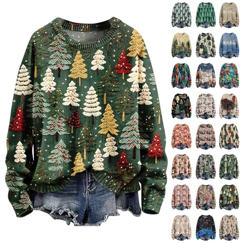 Women Christmas Hooded Sweatshirt 3D Print Knitted Jumper Long Sleeves Ladies Xmas Sweaters Tops Winter Warm Pullover Soft Crew Neck Sweatshirts Oversized Cotton Jumpers for Women Uk