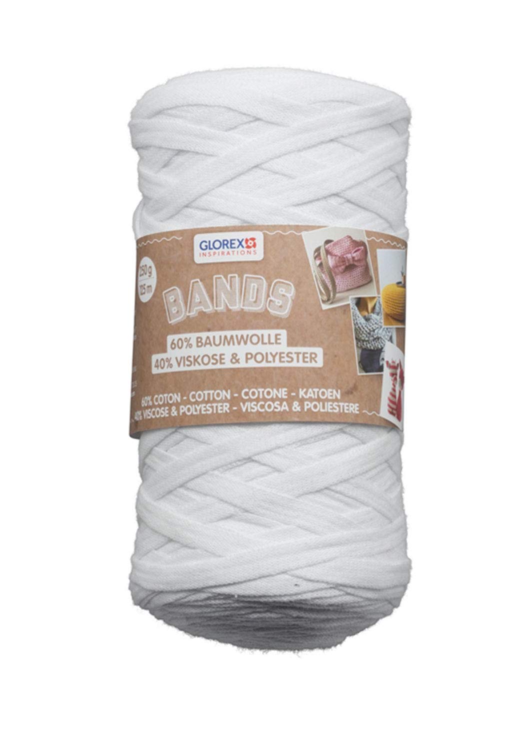 GLOREX 5 1005 00 Bands Macrame Super Soft Textile Yarn 60% Cotton / 40% Viscose for Crocheting, Knitting, Knotting and Textile Design, 250 g, Approx. 125 m, White